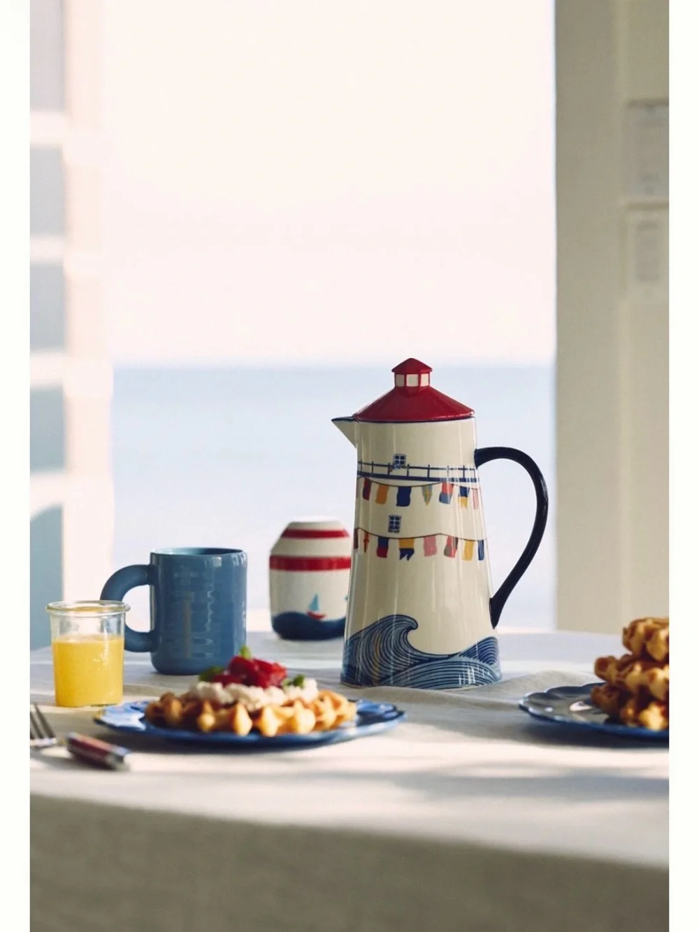 Set of 2!! Anthropologie maritime collection Flag Ceramic Pitcher with shakers